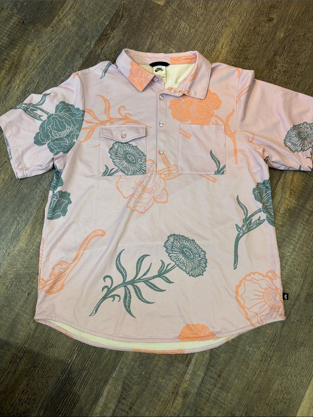 Nike Pink Floral Short-Sleeve Polo with Green and Peach Blooms